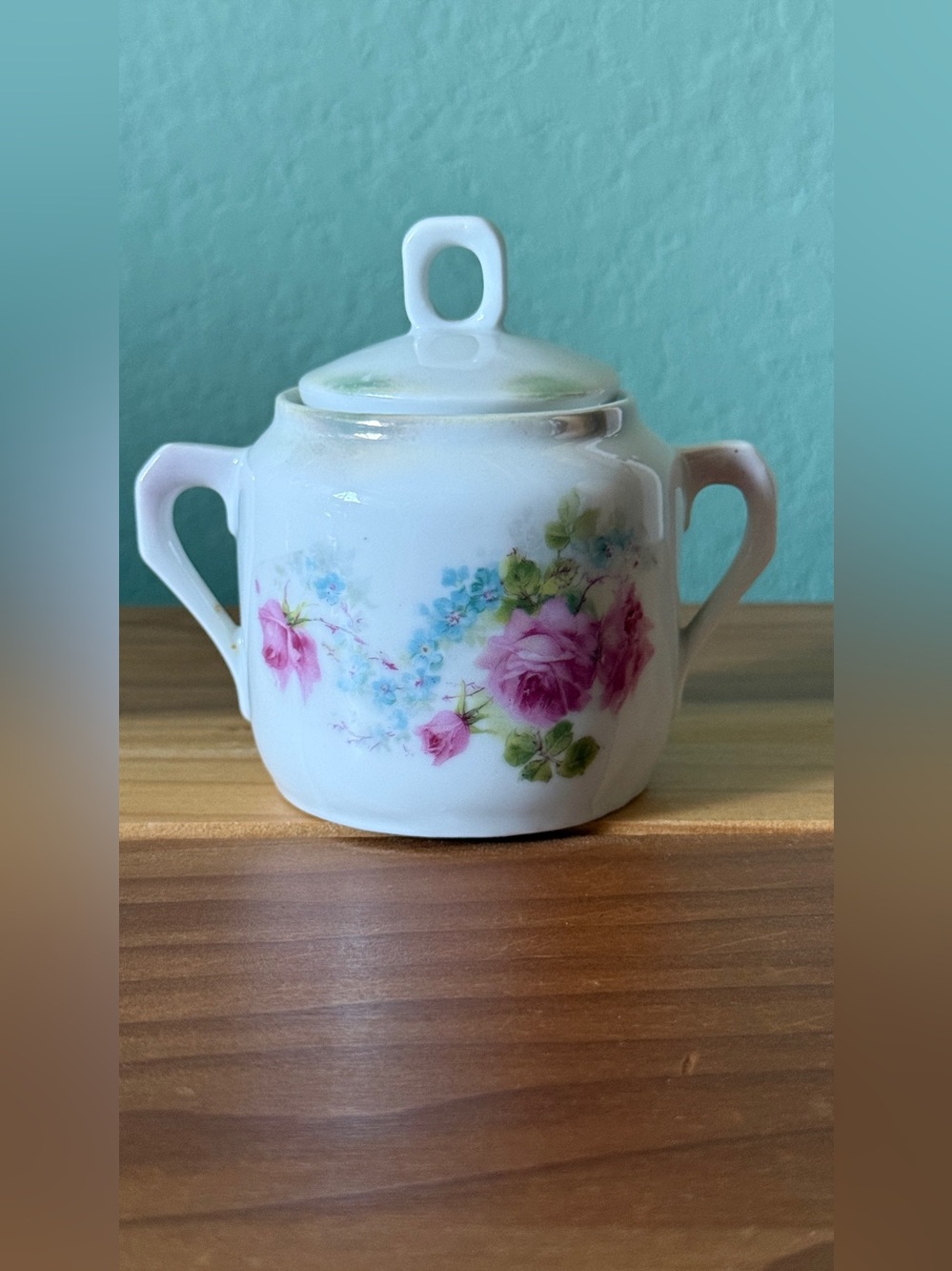 Vintage Germany Porcelain Floral Covered Jar Pink Roses Small Vanity Trinket 3”